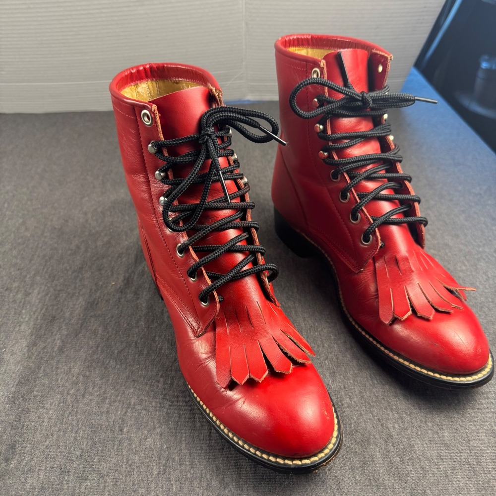 Justin Junior Red Leather Lace Up Packer Boots Western Kiltie Fringe 5037 Womens
